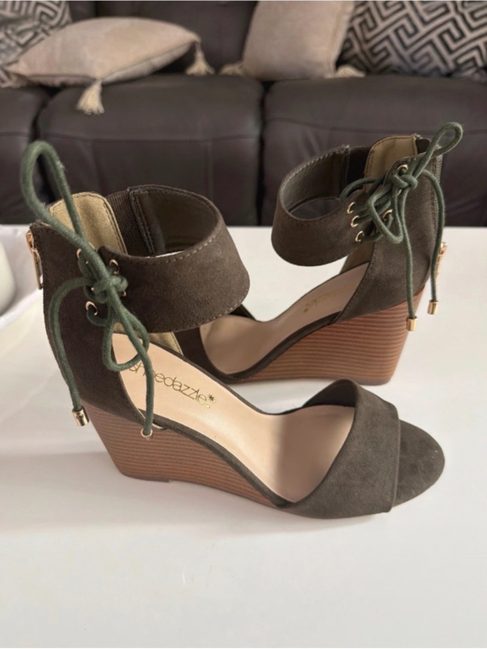 Shoe Dazzle Olive Green Suede Lace-Up Wedge Sandals